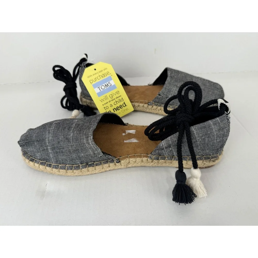 TOMS Espadrille Flats Ankle Tie Tassel Blue/Black 8.5 Boho D'Orsay